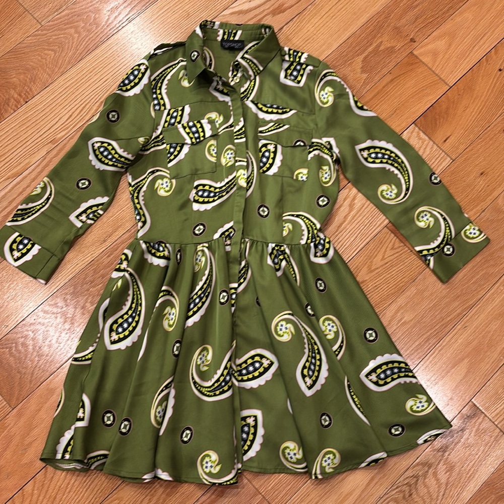Topshop Green paisley mini shirt dress